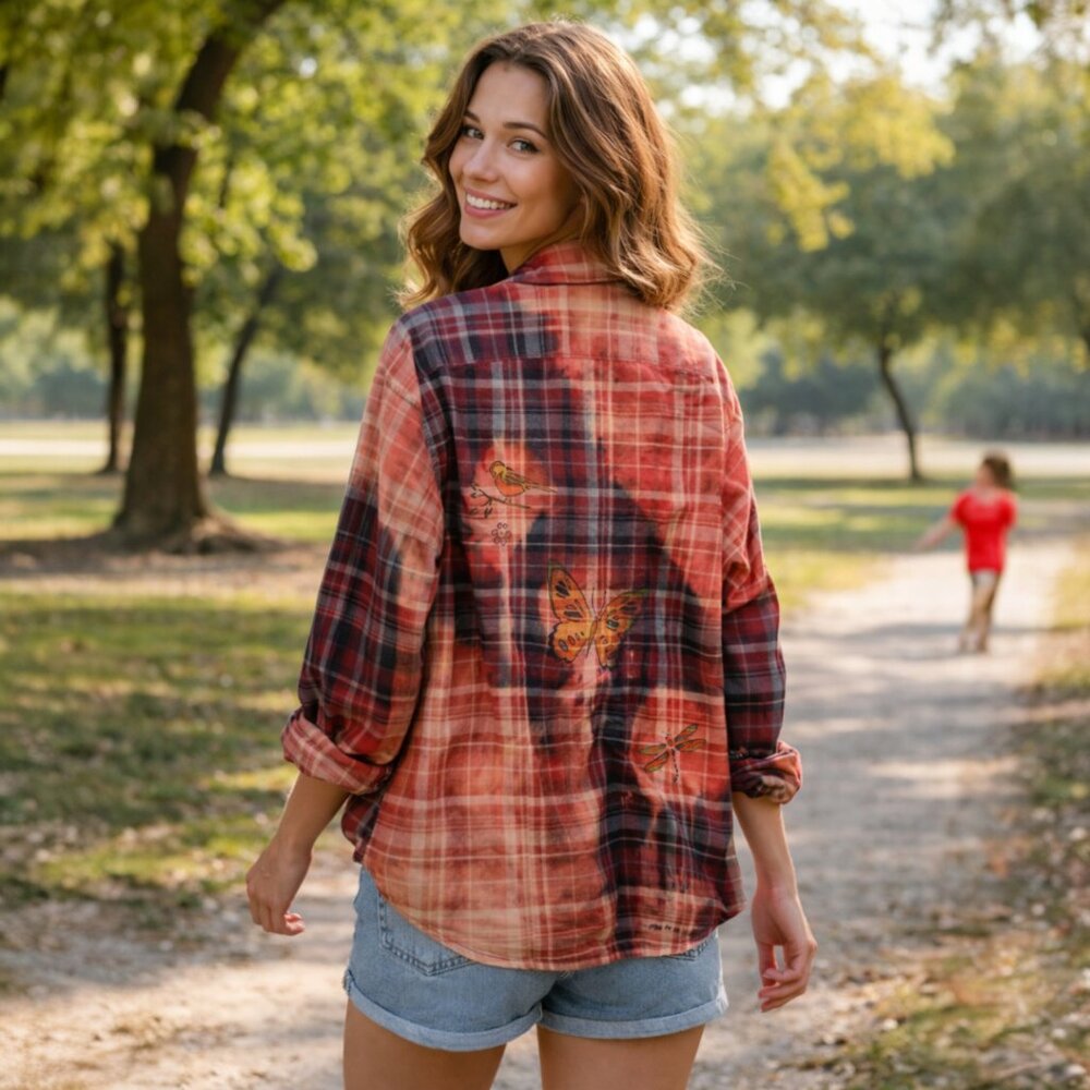 Upcycled Hand Painted Butterfly Bird Dragonfly Flannel Shirt - Bleached Red Blac